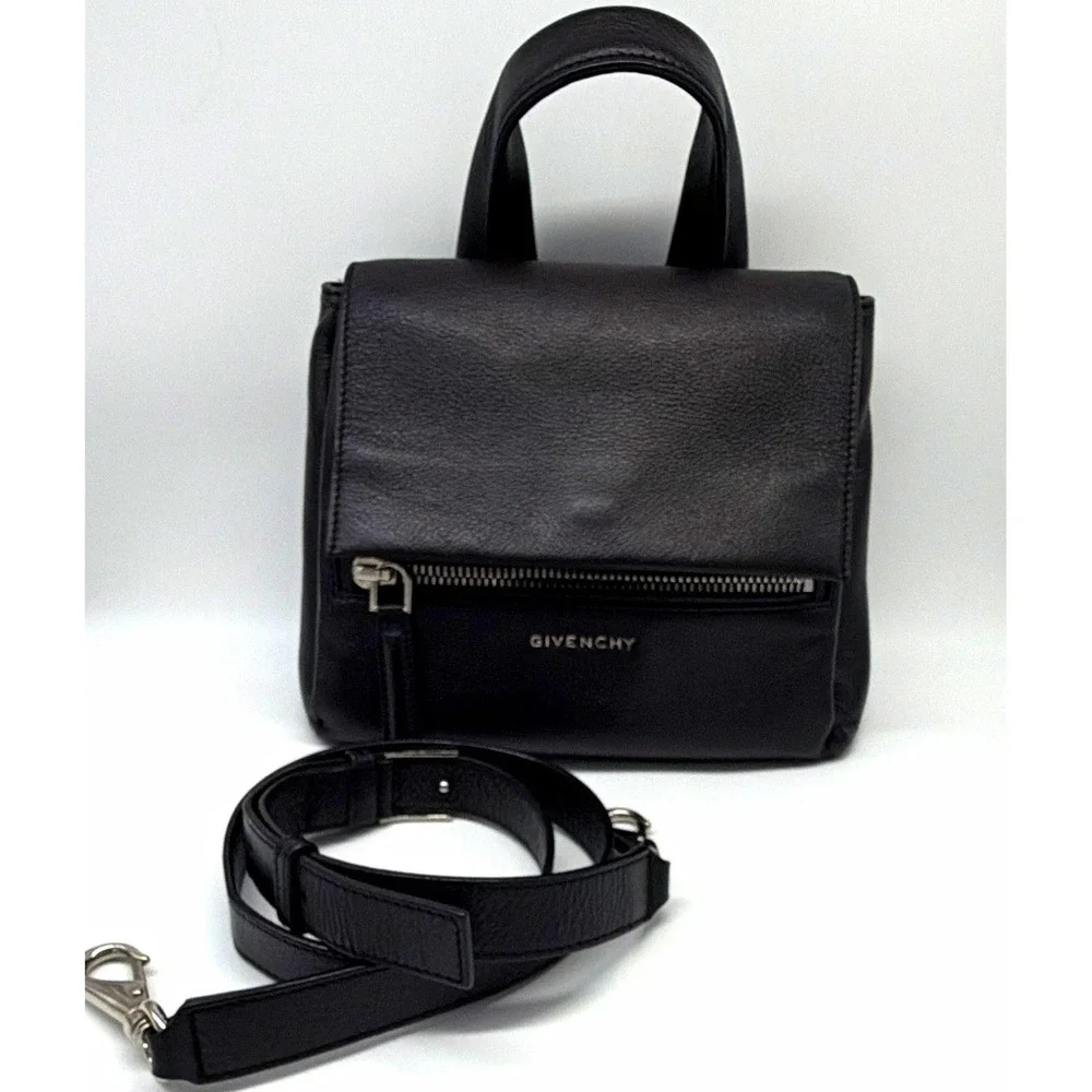 Givenchy Y2K  Small Pandora Black Satchel Top Handle Bag Detachable Strap Silver